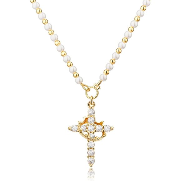 Crown Cross Necklace for Women 14K Gold Silver Plated Faith Birthstone Gift - Picture 1 of 7